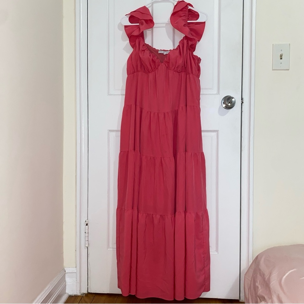 English Factory Pink Ruffle Trim Tiered Maxi Dress Sz Medium
